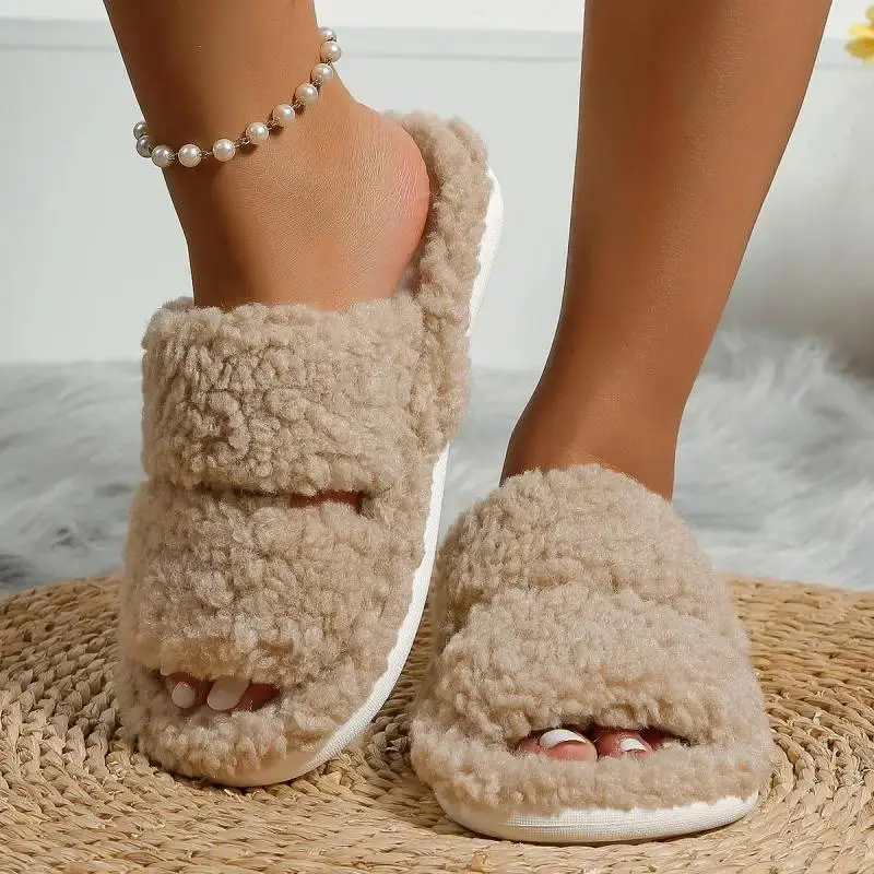 Women's Fluffy Plush Indoor Wear Footwear, Winter Warm Open-Toe Platform Sole Sports Slides, Casual Fashion Designer Fur Flats