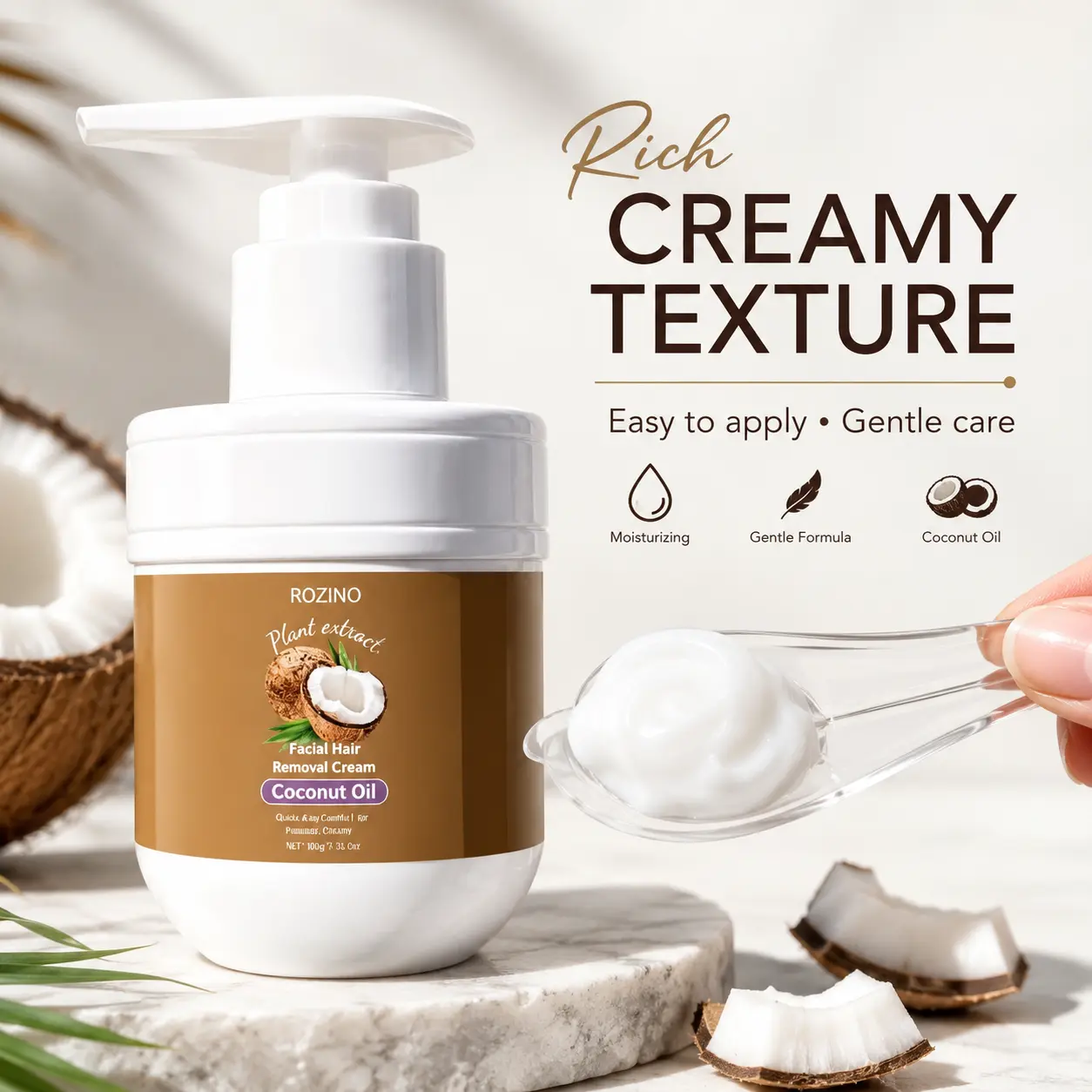 ROZINO Coconut Oil Hair Removal Cream, Gentle Depilatory Cream for Women & Men, Smooth Skin Hair Remover for Face, Arms, Legs & Underarms, Easy to Apply, Non-Sticky Cream Texture, Plant Extract Formula