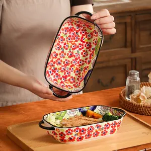 Bohemian Floral Ceramic Baking Pan, Rectangular Double Handle Casserole Dish, Oven Safe Bakeware for Baked Rice Pasta Lasagna