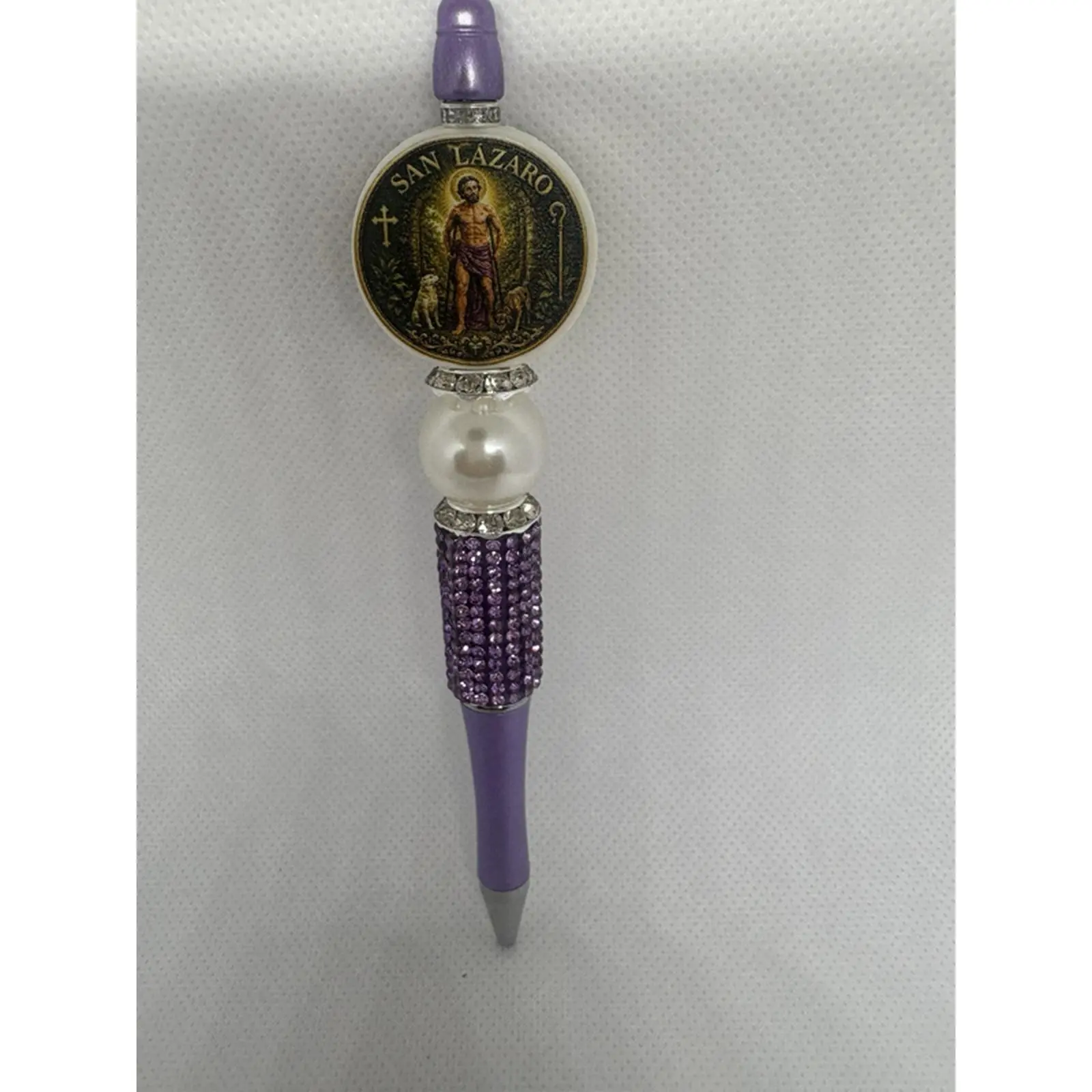 San Lazaro Purple Pearl & Rhinestone Decorative Pen with Saint Lazarus Medallion