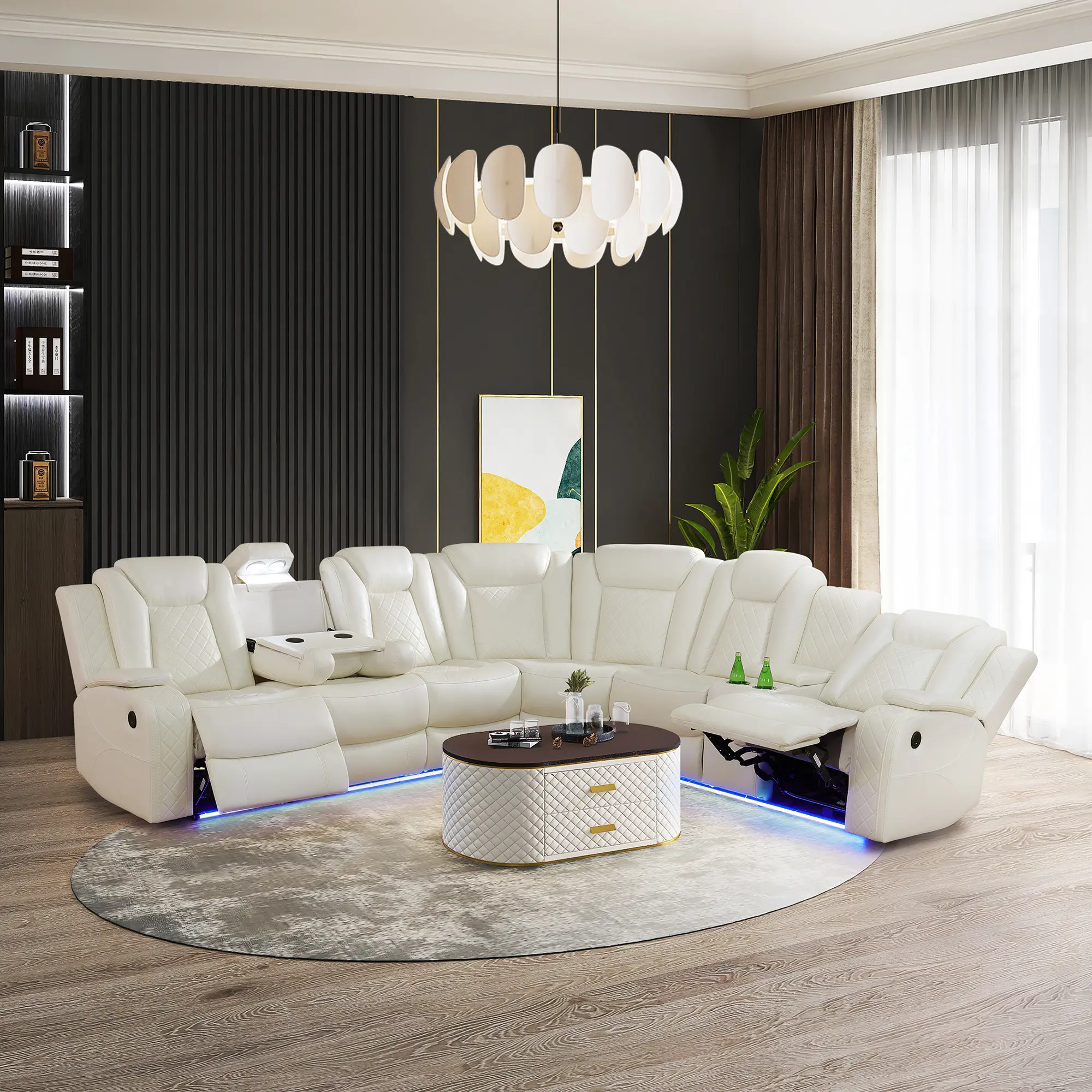 3-Piece Living Room Leather Recliner Set Sofa, Breathable White Indoor Furniture, Padded Arms