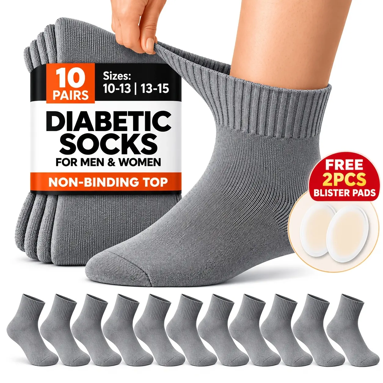 10-Pair Value Pack Unisex Diabetic Care Socks – Loose, Non-Binding Cuffs; Highly Elastic & Comfortable; Moisture-Wicking & Breathable Mid-Calf Design; Suitable for Swollen Feet; Available in Black, White, and Grey; Includes 2 Hydrogel Anti-Blister Pads.