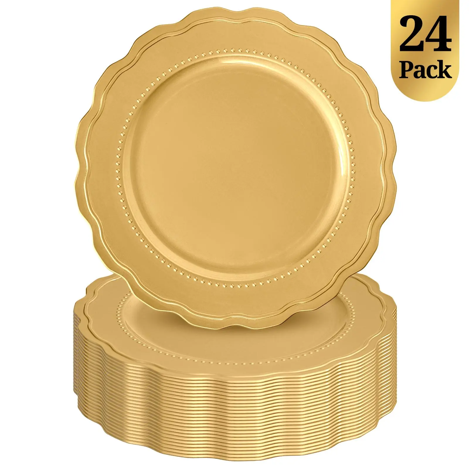 24/50/100 Pack 13" Round Gold Plastic Charger Plates Ruffled Rim Dinner Charger Plates For Weddings Banquet Party Family Feasts Events Thanksgiving home decor Christmas decorations
