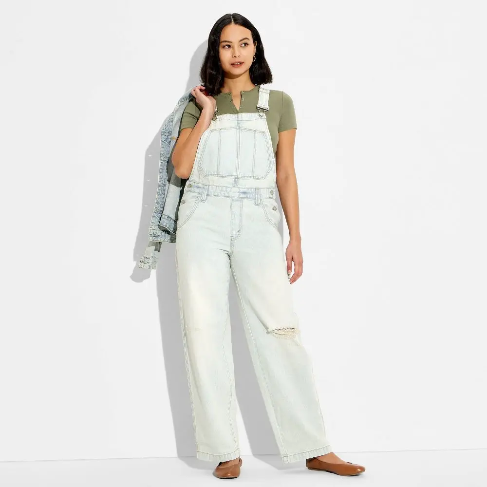 Women's Cotton Loose Fit Garment, Mid-Rise Baggy Overalls with Buttons - Straight Leg Jeans - Wild Fable, Denim