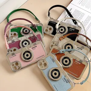Retro Electroplated Camera Phone Case, Leather-Textured Case, Lanyard Phone Case For iPhone 17, Air 16, 15, 14 Pro Max, 13, 12, 11 Plus Can be carried by hand  #XJDDKBLACK