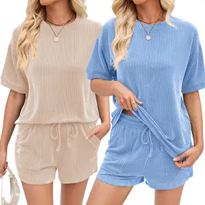 Ribbed Knit Lounge Set Women Pajama Set Short Sleeve Top and Shorts Set Two Piece Shorts Outfits Set