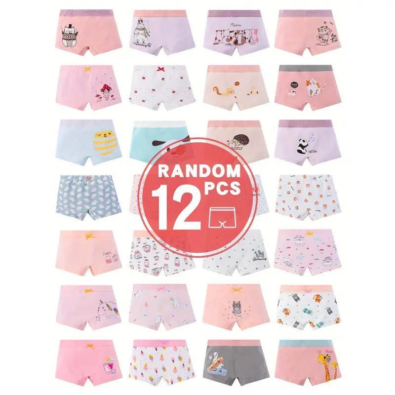 12pcs Soft Cotton Boxer Shorts for Young Girls - Breathable, Comfortable, All-Season Underwear with Cute Cartoon Prints, Breathable Clothing |                     Playful Print Design |                     Stretchable Fabric