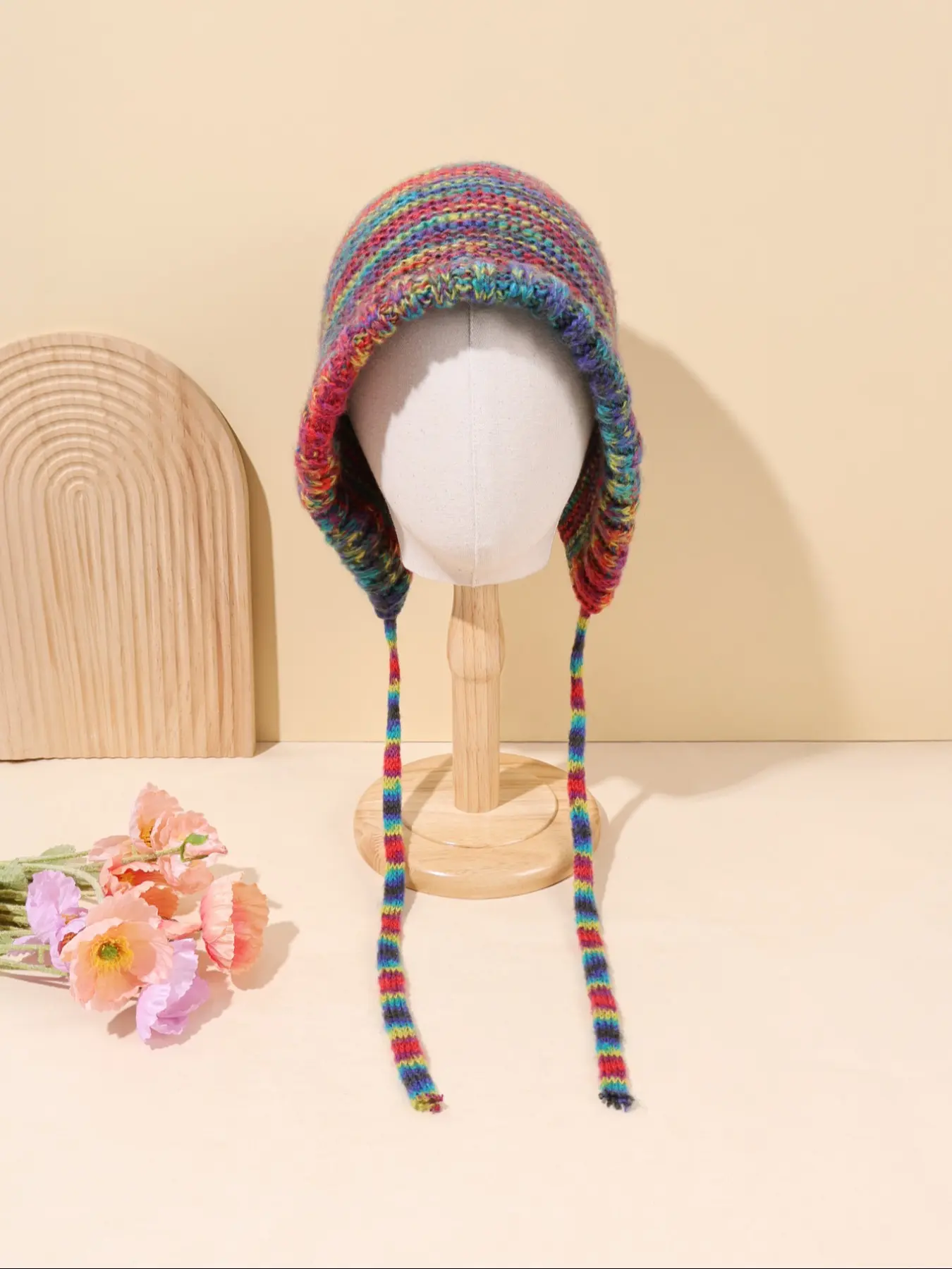 Rainbow Striped Knitted Beanie Hat with Earlobes, Adjustable Tassel Tie, Warm Soft Yarn, Winter Insulation, Bohemian Fashion Style