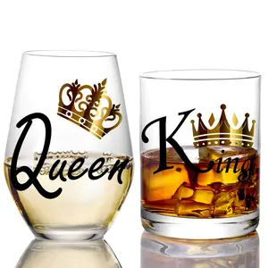 Unique COUPLE Wine Glasses for Engagement Wedding Christmas - King and Queen Wine Glasses - Drinkware