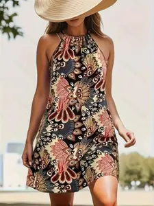 Plus Size Backless Halter Neck Dress, Spring Summer New Floral Print Design, Sexy Sleeveless Party Wear, Casual Wear, Womenswear