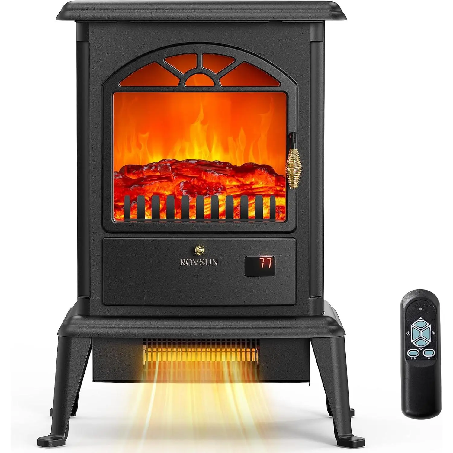 ROVSUN Corded Electric Fireplace Heater (22.4" Height, 1500W Power) - Freestanding Stove with 3D Flame Effect, Remote, Timer, Adjustable Heating Temperature, Overheat & Tip-Over Protections for Home, Bedroom Indoor Users, Safety Shut-Off