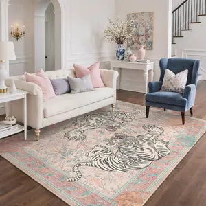 【Summervibes】GENIMO Tiger Area Rug ，Boho Vintage Hallway Runner Non-Slip, Soft Low Pile Green Kitchen Rug, Botanical Animal Carpet for Entryway Bedroom Laundry
