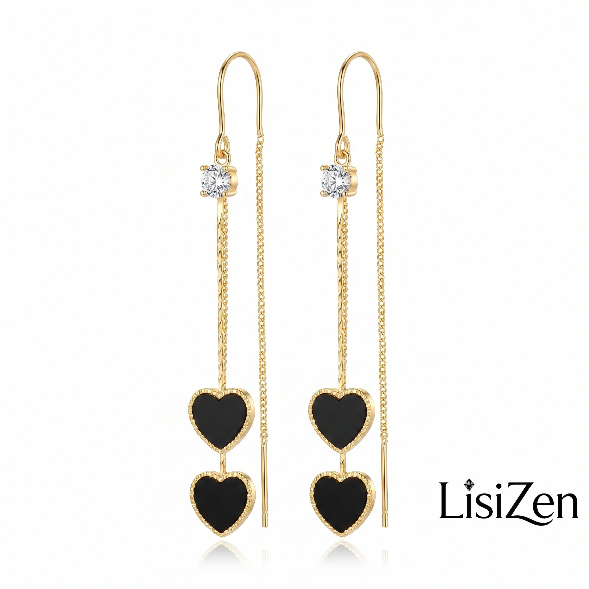 Women's Gold-Plated Black Heart Shaped Crystal Accent Tassel Threader Earrings - Lightweight, Elegant Female Dangle Drop Jewelry Accessories