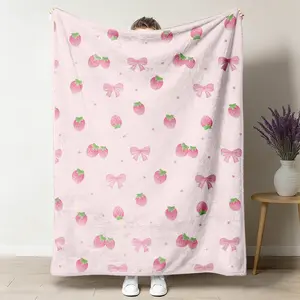 Pink Strawberry Bow Print Throw Blanket, Soft Flannel Fleece Blanket, Warm Breathable Napping Blanket for Home, Office and Travel, Cozy Bedroom Decor, Soft Blanket, Soft Comfy Blanket