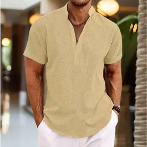 Men's Casual Henley Shirt Short Sleeve Band Collar Linen Shirt Summer Beach Hippie T-Shirts
