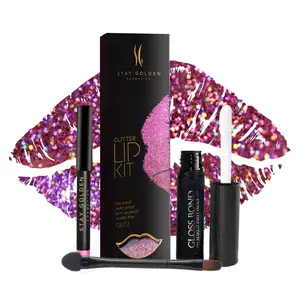 Stay Golden Cosmetics Glitz Glitter Lip Kit - Cosmetic Grade Glitter Makeup for Lips, Long Lasting, Transfer & Smudge Proof for Bachelorette Party, Birthday & Concert Make Up for Women - 3oz