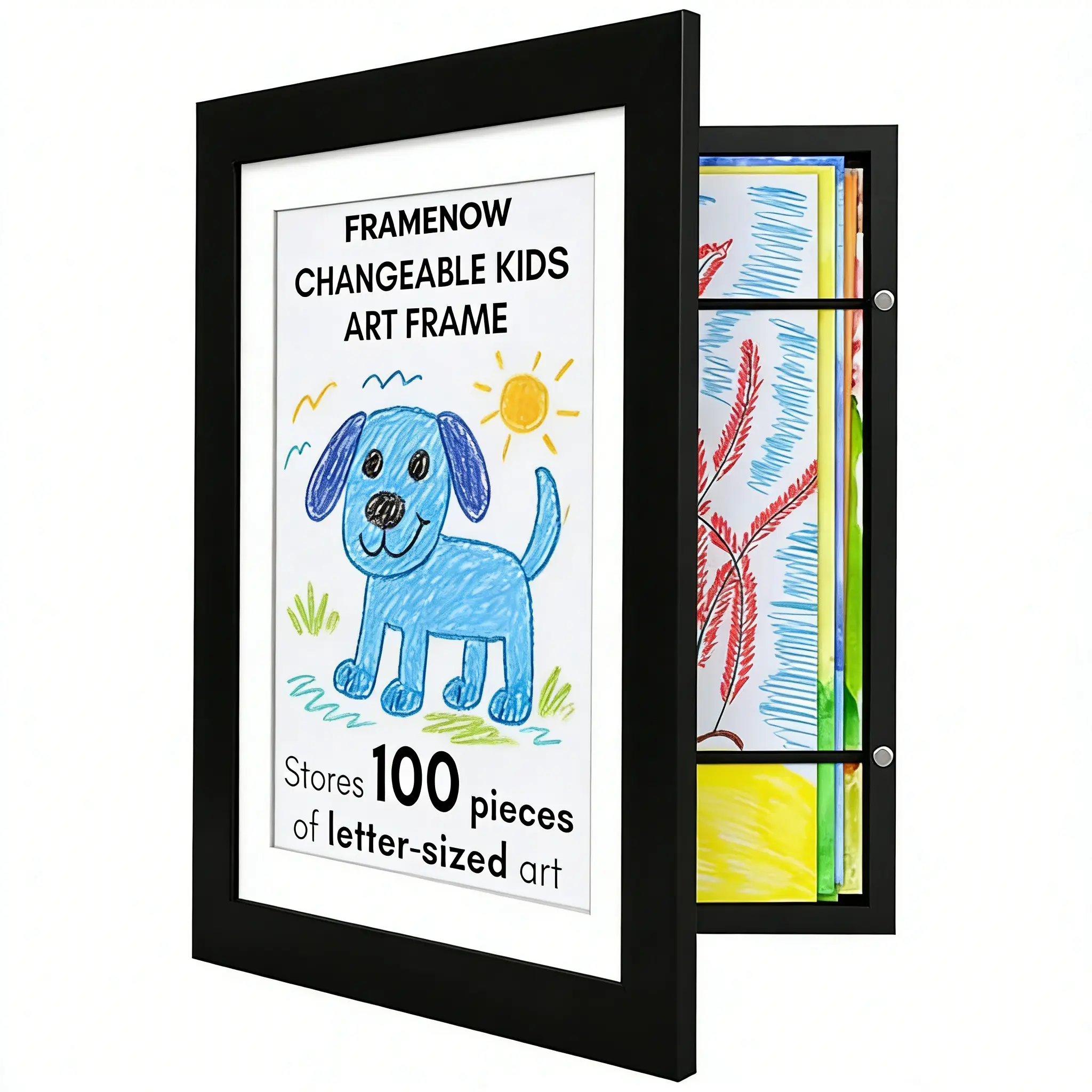 Framenow [Mom Hack] Kids Art Frame, Front-Opening Art Gallery Display & Storage Frame, Stores Up to 100+ Artworks, Wall-Mounted Children’s Artwork Holder for Playroom, Bedroom & Classroom