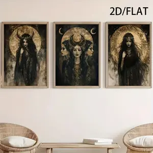 3pcs Frameless Hecate Triple Moon Goddess Posters - Witchcraft Pagan Mystical Wall Art, Unframed Wall Art, Black & Golden Gothic Decor