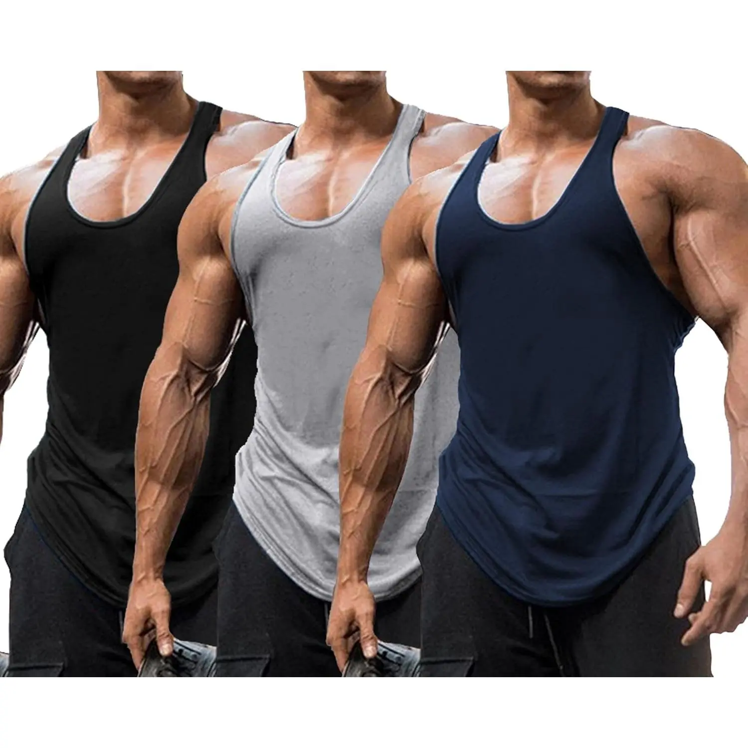 Men's 3-Pack Y-Back Stringer Tank Tops - 5% Spandex Polyester Muscle Tees, Athletic Apparel for Gym Workout, Army Green/Grey/Khaki or Black 3-Pack Sets