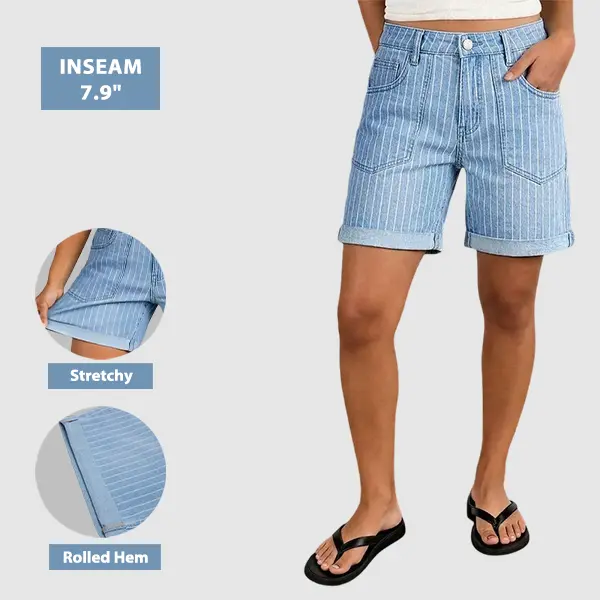 Flamingals Pinstriped Roll Hem Mid Waist Denim Mid Thigh Shorts Womenswear Stretchy 7.9" Inseam