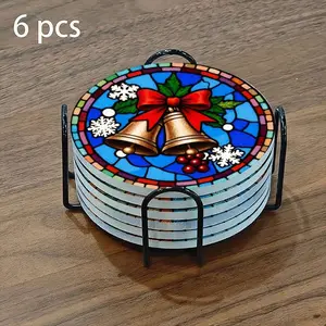 6-piece ceramic coaster set, themed around Christmas and stained glass bells, heat-resistant and non-slip coasters with stands, perfect for home dining and as beverage mats.