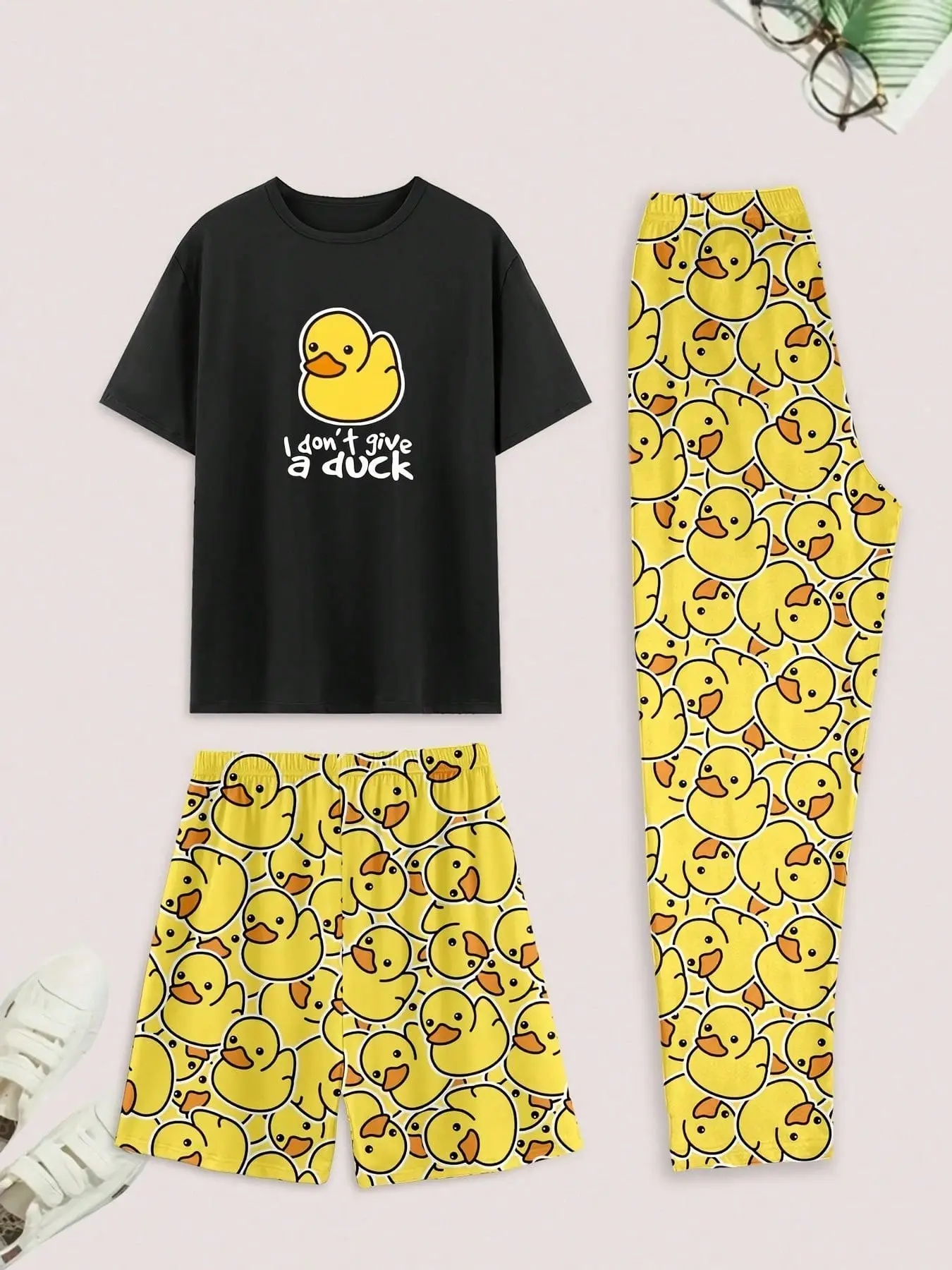 Men's Spring & Fall Homewear Set, Casual Comfort Fitted Pure Top with Small Duck Print, Men's Pjs Night Sleepwear Set, Loungewear Pajama Outfit Matching Pants, Matching Pyjamas