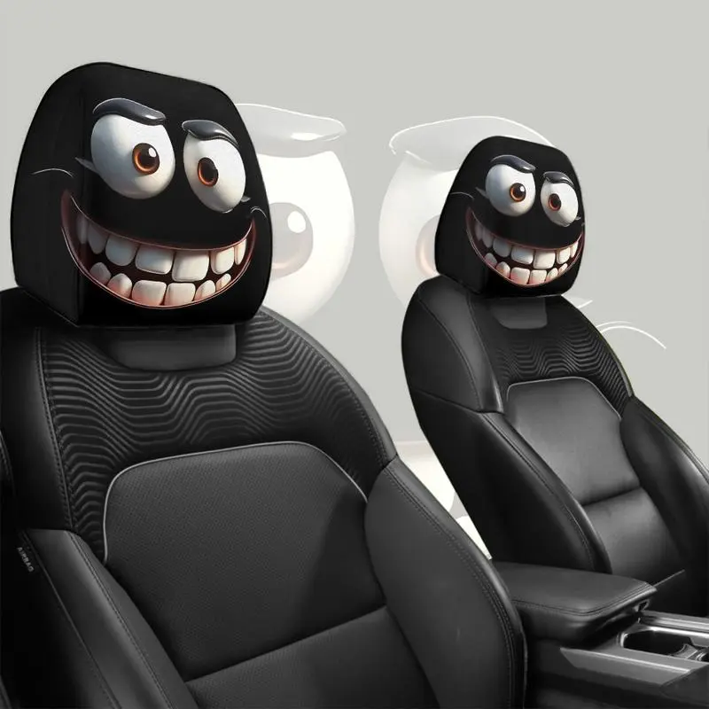 2pcs Set of Funny Big Eyed Grinning Cartoon Print Car Seat Headrest Covers, Universal Fit for Long Road Trips & Daily Commutes – Perfect for Halloween/Christmas Holiday Decor, Funny Design, Car Interior Decor, Father's Day Gift