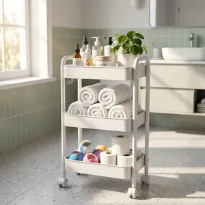 3-Tier Rolling Utility Cart with Lockable Wheels - Heavy Duty Metal Mesh Storage Organizer for Aesthetic Dorm Room Essentials, Small Bathroom Space Saving, Makeup Vanity & Skincare. Easy Assembly