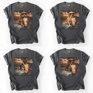 Comfort Colors Funny Dog and Iced Coffee T-Shirt, 50 Dog Breeds Graphic Tee, Cute Dachshund Wiener Dog Shirt, Dog Lover Gift for Men and Women, Casual Pet Theme Coffee Humor Tee - HARSIN