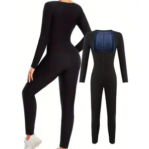 Women sauna workout top long-sleeved shapewear bodysuit yoga leggings hooded zip warm fitness wear sweat clothes for running sports training