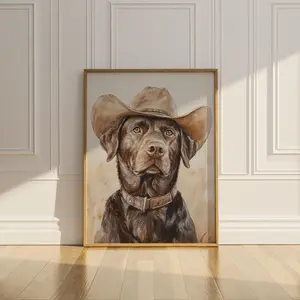 Chocolate Labrador Cowboy Hat Print Poster Funny Dog Wall Art Decor Vintage Painting Western Chocolate Lab Mom Dad Gift Idea Matte Poster