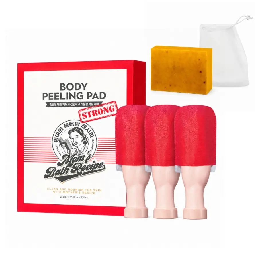 3PC/1 box Mom’s Bath Recipe /Korean Import Intense Exfoliating Body Peeling Pad & Bubble Body Wash-Scrub Gloves with Kelp & Biotics, Targets Dead Skin Cells, Goosebumps & Scaly Skin, 8 Sheets Exfoliating  glove,scrub brush,kojic turmeric face soap set, Ac
