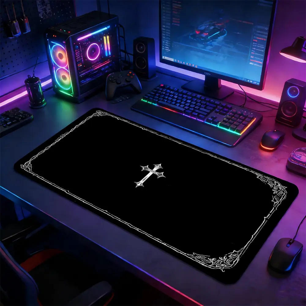 Dark Occult Cross Theme Large Extended Gaming Mouse Pad, Non-Slip Rubber Base Stitched Lock Edge, Intricate Frame Art Desk Mat, Durable PC and Laptop Accessory for Home/Office, Great Gift for Alt Aesthetic Fans