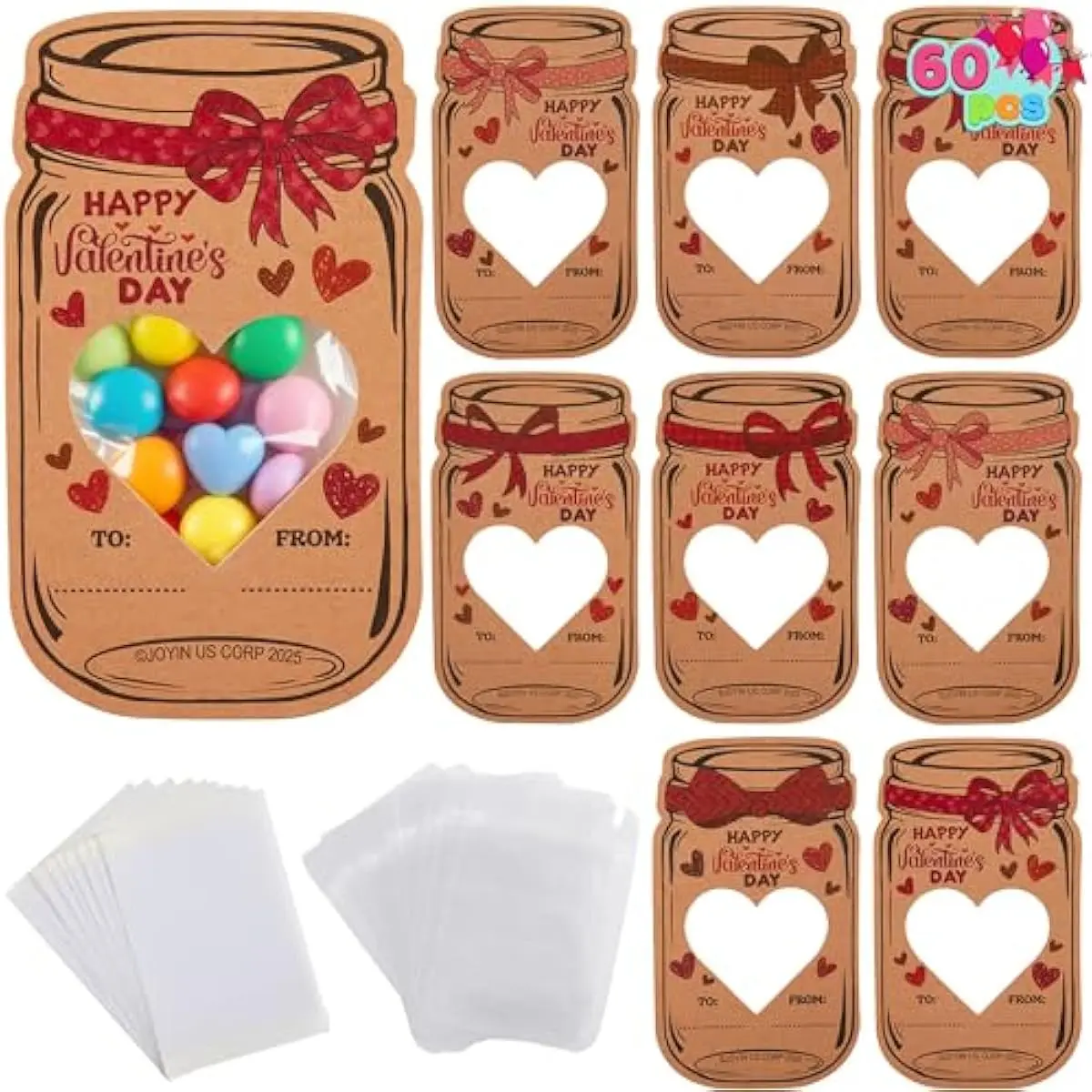 60 Pcs Valentine's Day Mason Jar Greeting Cards with Stand-Up Plastic Treat Bags, 6 Designs 5.9'' Bulk Valentine Candy Holder Cards, Classroom Exchange, Card Party Favor (Candy Not Included)