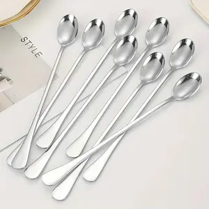 5pcs Long Handle Ice Tea Spoon, Coffee Spoon, Ice Cream Stirring Spoon, Dishwasher Safe, Kitchen Accessories, Flatware Set, Home Bar Accessories, Utensils