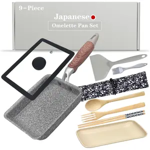9Pcs Nonstick Japanese Tamagoyaki Pan Set with Lid Square 7"x5" Grey Rectangle Japanese Omelette Egg Skillet