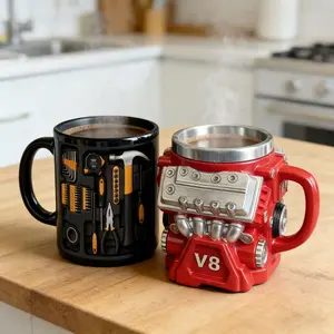 Car Enthusiast Novelty Gift & Collectible Desktop Decor, 2-Piece Mechanical Design Coffee Cups, Engine & Tool Box Designs, Mechanic Husband Gift Mug
