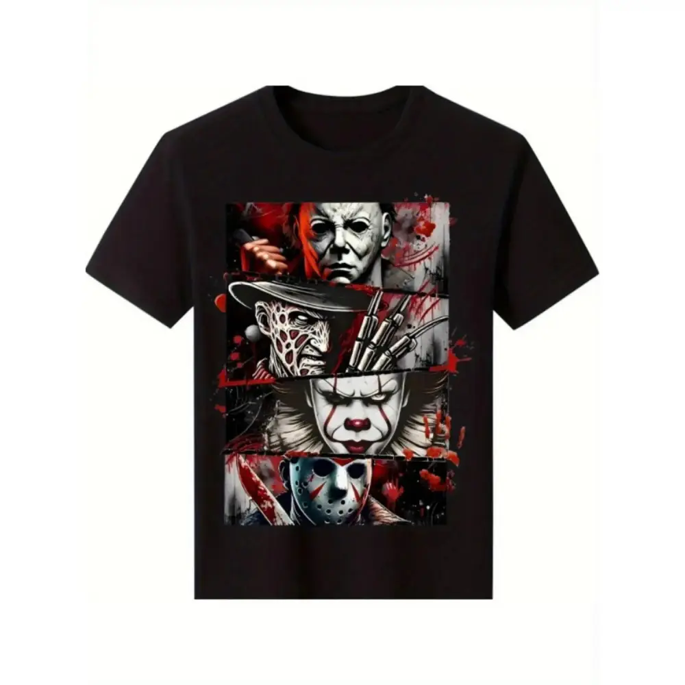 Men'S  Cotton Horror Icon Graphic T-Shirt - Black Short Sleeve Casual Street Trend T-Shirt All Season Comfort Fit Breathable Crew Neck T-Shirt For Horror Fans, Comfortable To WearUnisex T-shirts
