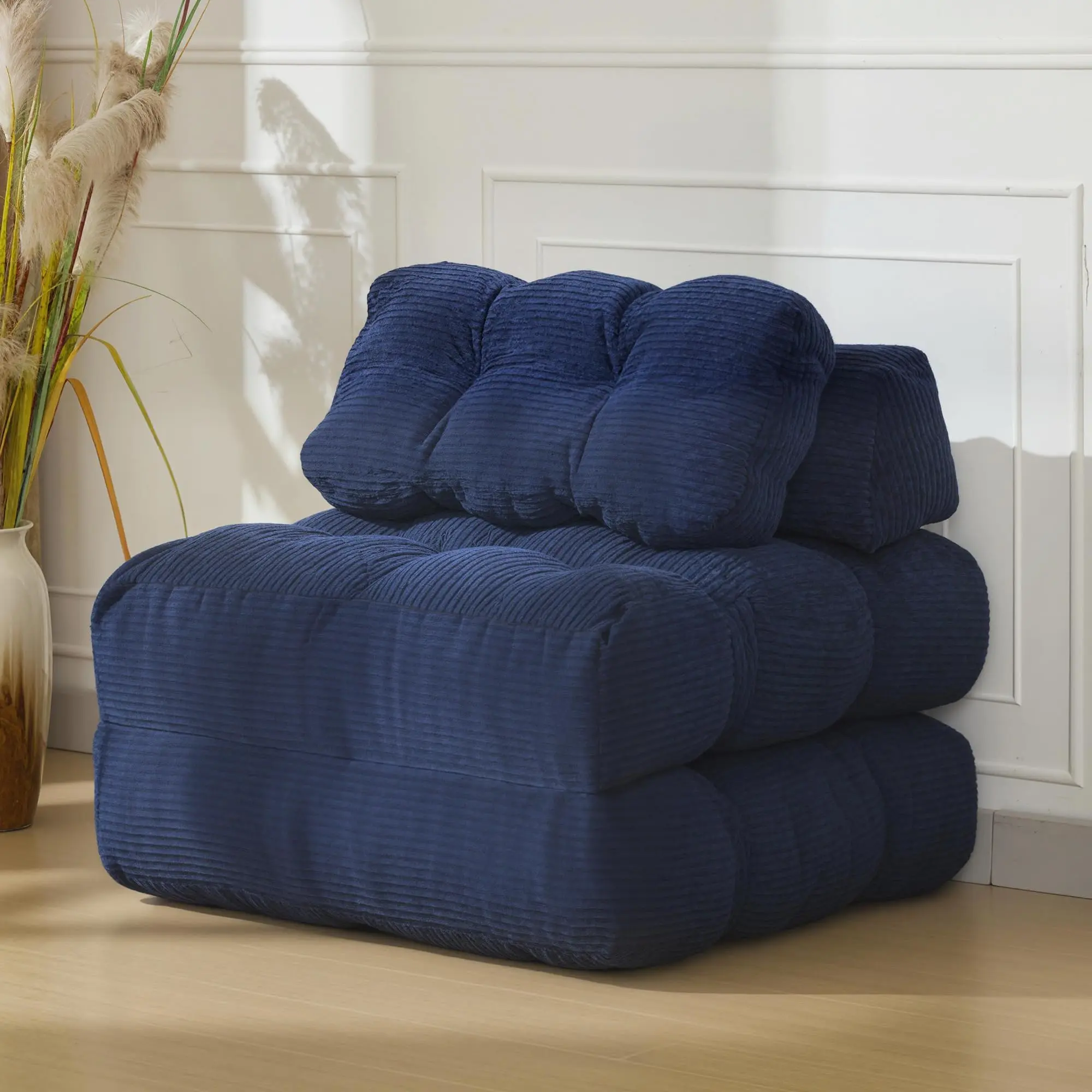 Garvee Tufted Single Size 2-in-1 Convertible Sofa Bed - 78.74"d x 33.46"w x 7.87"h Armless Foam-Based Living Room Furniture, Corded Fabric Cover, Cushion, Throw Pillow, Mattress, Back Support, Portable Floor Lounger, Machine Washable Navy Blue, Foldable,