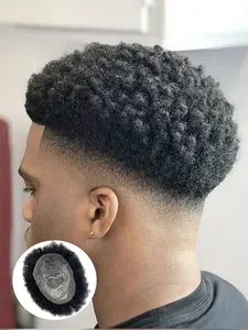 Men's Toupee Afro Curly Hair Systems 6 Inch Curly Human Hair, Ultra Thin PU Base Puff Wigs Kinky Curly Wig for Men Biological Scalp Fluffy and Bouncy Breathable V-looped Hair System(Black, 5*7/6*8/8*10 inch)