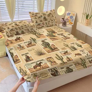 Western Cowboy Style Fitted Sheet Set (2 Pillowcases), Desert Cactus & Vintage Rodeo Print, Breathable & Skin‑friendly, Create Rustic Country Room Vibes, Decorative Bedsheet Sets, Bed Sheets Set