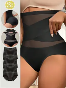 3PCS Women’s High-Waisted Tummy Control Panty Set, Seamless Shaping Briefs, Soft Stretch Breathable Mesh Panel Underwear for Daily Wear, Work, Travel, Sleep & Lounge
