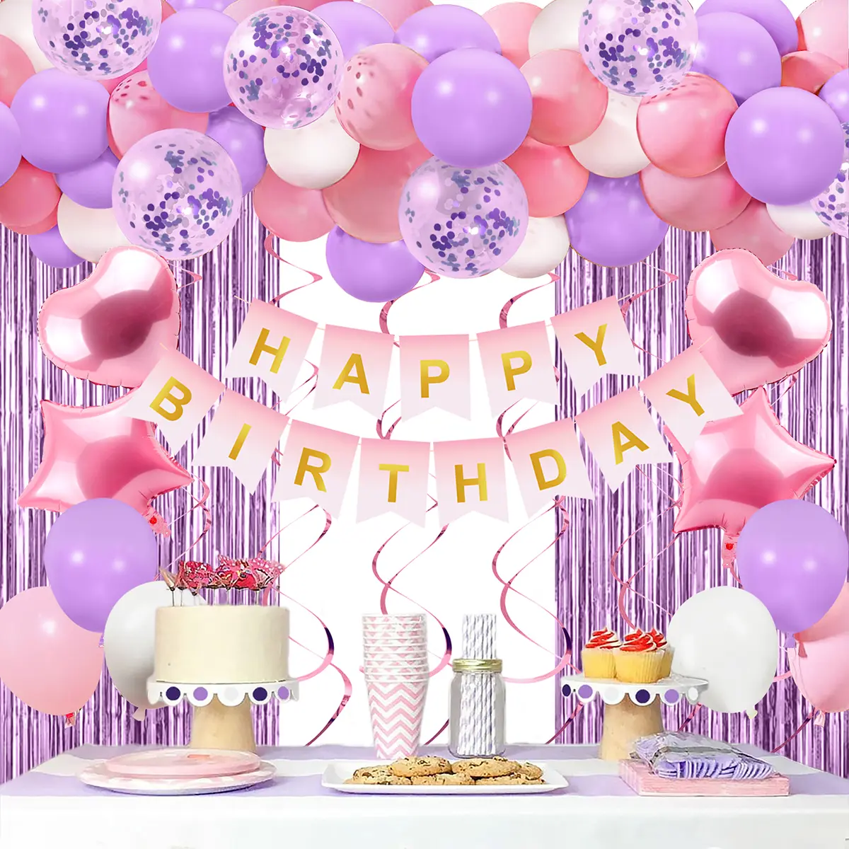 Fun Party 50pcs Happy Birthday Decorations Set Confetti Metallic Balloons Foil Curtain Happy Birthday Banner Birthday Party Needs Backdrop