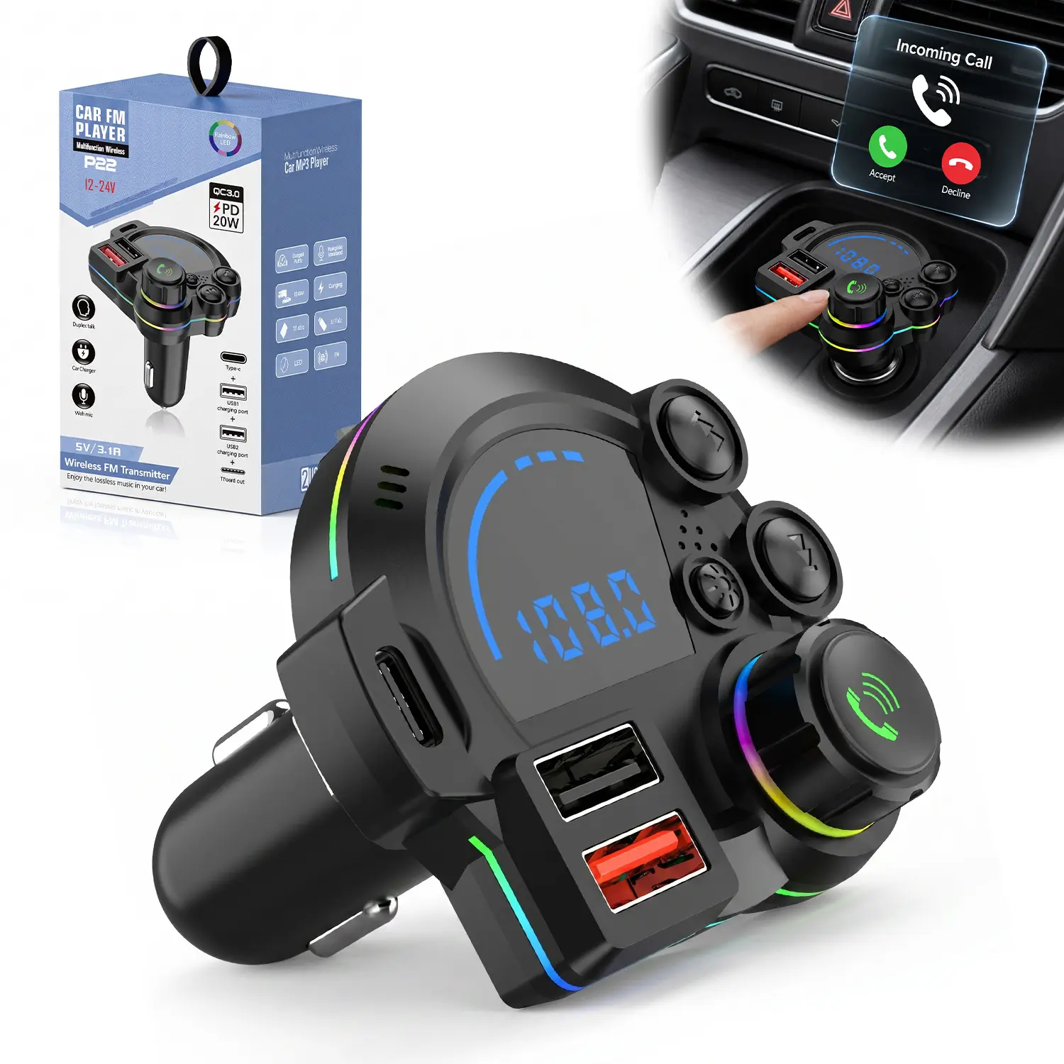 PD 30W Type-C Car Charger & Bluetooth 5.3 FM Transmitter, Wireless MP3 Player with Dual USB Ports, Bass Sound Enhancer, RGB Glowing Radio Adapter, Hands-Free Calls, Car Accessories & Road Trip Essentials, Compatible with 12V-24V