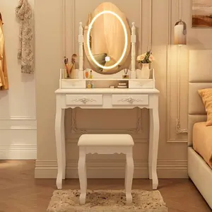 Girls Makeup Vanity Desk Set For Bedroom, Antique Vanity Dressing Table With Lighted Mirror