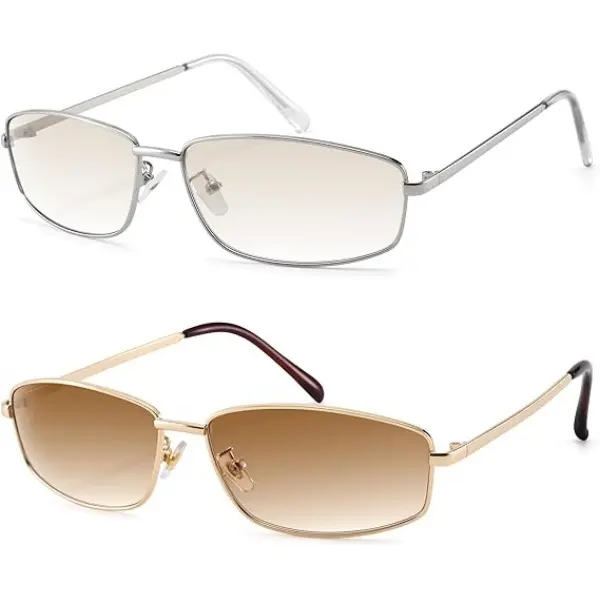 2PCS Y2K Rectangle Sunglasses for Women Men, Retro Metal Shades | Trendy 2000s-Inspired Metal Frame Eyewear with UV400 Protection for Driving, Travel and Everyday Wear