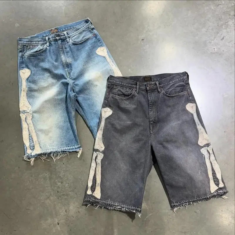 (New) 2026 Retro Skeleton Denim Shorts, Casual Sports & Sporty Couple Sportswear, European-American Street Style (55 Pants, Sheets), Casual Sports Shorts, Sporty Sports Shorts
