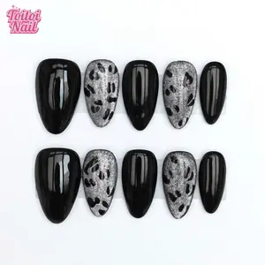 Leopard Silver Handmade Press-On Nails | Short Almond Shape, 10pcs | Edgy Silver Glitter Leopard Print Design | Glossy Black & Silver Glitter Accents | Reusable DIY Nail Kit for Women | Trendy Nails for Spring, Summer, Parties & Daily Wear | Cool Edgy Y2