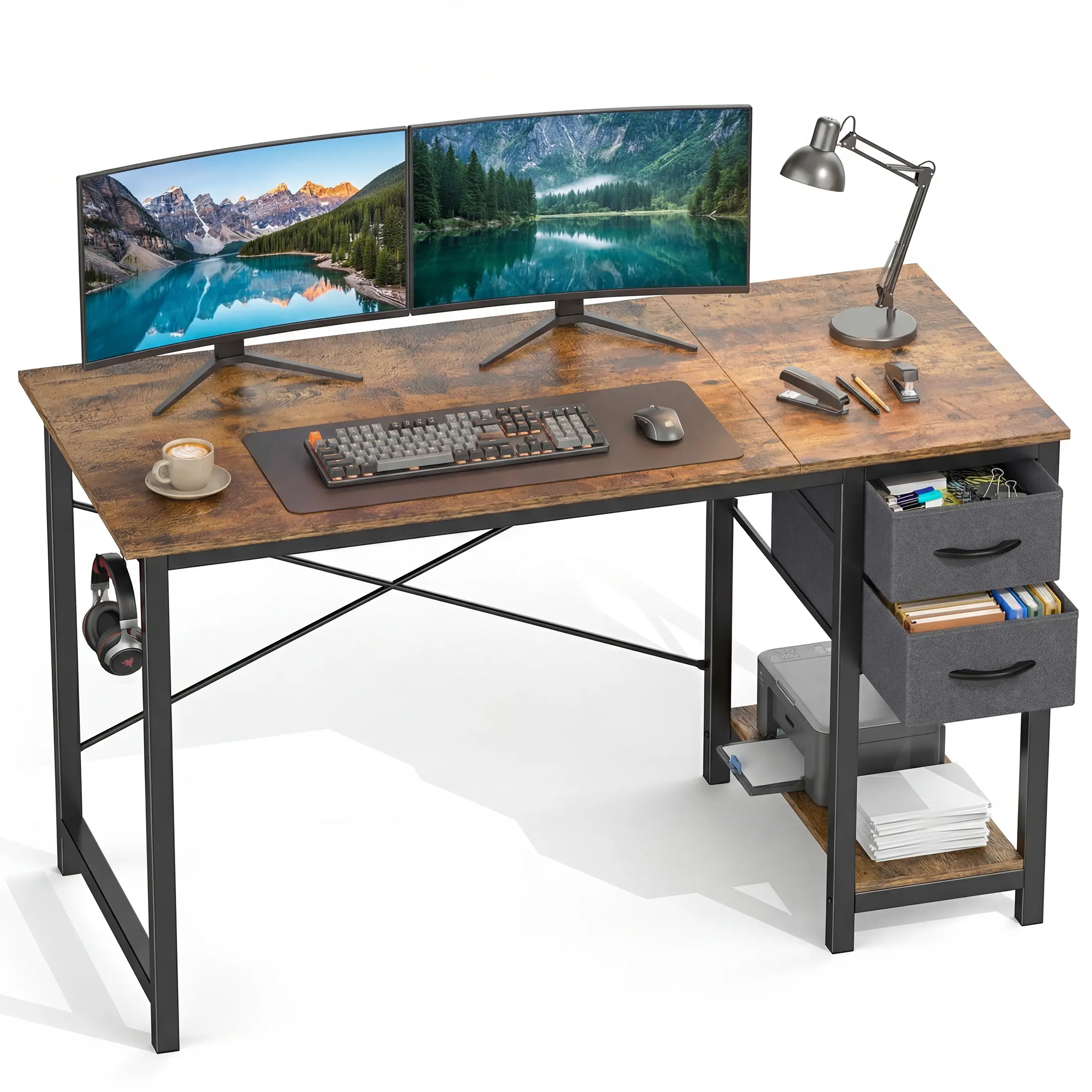 Sweetcrispy Gaming Desk - Sturdy Metal Frame Office Furniture with X-Shaped Reinforcement, Drawers, Side Hook, Modern Style, Gamer Stuff for Home Study, Bedroom Desk & Office Workstation Use, Desk For Bedroom