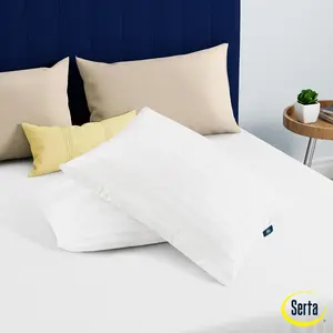 Serta Won't Go Flat Standard/Queen Size Set of 2 Down Alternative Bed Pillows, Extra Life Foam Core with Medium Support, Perfect for Back, Stomach or Side Sleepers, White